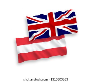 National vector fabric wave flags of Austria and Great Britain isolated on white background. 1 to 2 proportion.