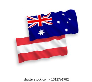National vector fabric wave flags of Australia and Austria isolated on white background. 1 to 2 proportion.