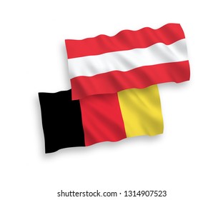 National vector fabric wave flags of Austria and Belgium isolated on white background. 1 to 2 proportion.