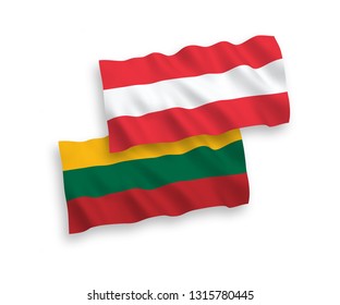 National vector fabric wave flags of Lithuania and Austria isolated on white background. 1 to 2 proportion.