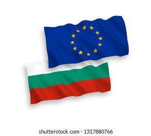 National vector fabric wave flags of Bulgaria and European Union isolated on white background. 1 to 2 proportion.