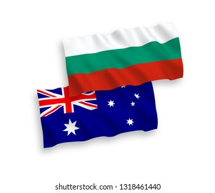 National vector fabric wave flags of Bulgaria and Austria isolated on white background. 1 to 2 proportion.