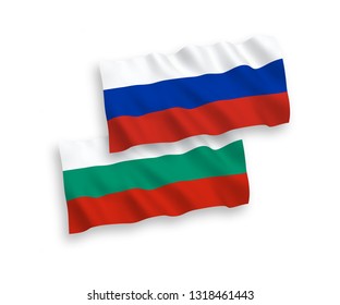 National vector fabric wave flags of Bulgaria and Russia isolated on white background. 1 to 2 proportion.