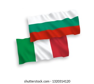 National vector fabric wave flags of Italy and Bulgaria isolated on white background. 1 to 2 proportion.