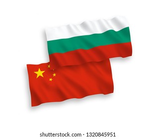 National vector fabric wave flags of Bulgaria and China isolated on white background 1 to 2 proportion.