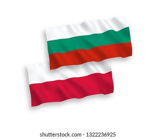 National vector fabric wave flags of Bulgaria and Poland isolated on white background. 1 to 2 proportion.