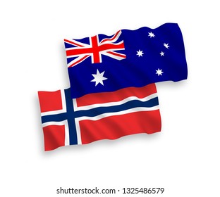 National vector fabric wave flags of Norway and Austria isolated on white background. 1 to 2 proportion.