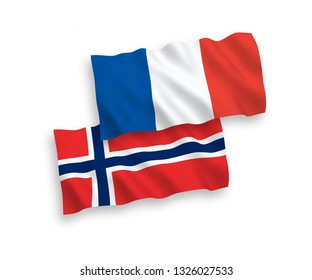National vector fabric wave flags of France and Norway isolated on white background. 1 to 2 proportion.
