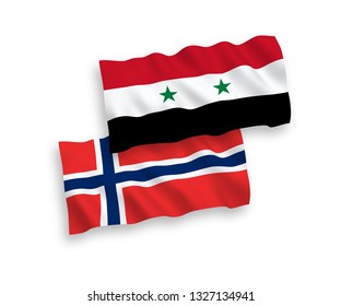 National vector fabric wave flags of Norway and Syria isolated on white background. 1 to 2 proportion.