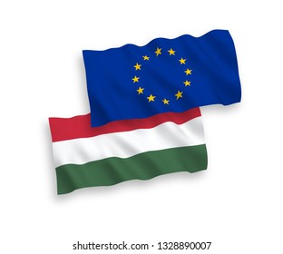 National vector fabric wave flags of Hungary and European Union isolated on white background. 1 to 2 proportion.