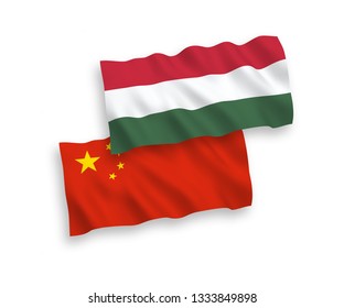 National vector fabric wave flags of Hungary and China isolated on white background 1 to 2 proportion.