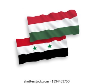 National vector fabric wave flags of Hungary and Syria isolated on white background. 1 to 2 proportion.