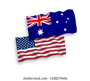 National vector fabric wave flags of Australia and America isolated on white background. 1 to 2 proportion.