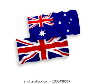 National vector fabric wave flags of Australia and Great Britain isolated on white background. 1 to 2 proportion.