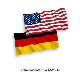 National vector fabric wave flags of Germany and USA isolated on white background. 1 to 2 proportion.