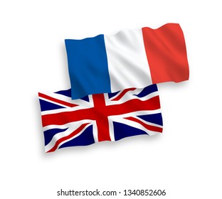 National vector fabric wave flags of France and Great Britain isolated on white background. 1 to 2 proportion.