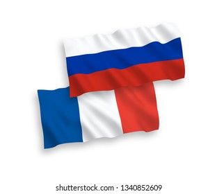 National vector fabric wave flags of France and Russia isolated on white background. 1 to 2 proportion.