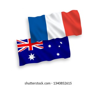 National vector fabric wave flags of France and Australia isolated on white background. 1 to 2 proportion.