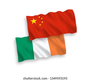 National vector fabric wave flags of Ireland and China isolated on white background 1 to 2 proportion.