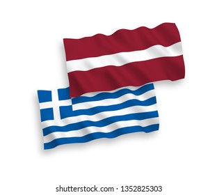 National vector fabric wave flags of Latvia and Greece isolated on white background. 1 to 2 proportion.