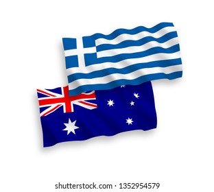 National vector fabric wave flags of Australia and Greece isolated on white background. 1 to 2 proportion.