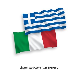 National vector fabric wave flags of Italy and Greece isolated on white background. 1 to 2 proportion.