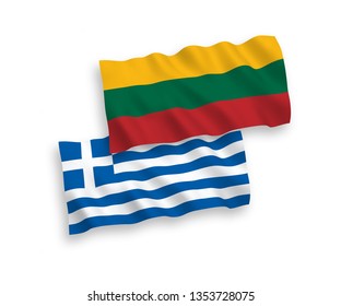 National vector fabric wave flags of Lithuania and Greece isolated on white background. 1 to 2 proportion.