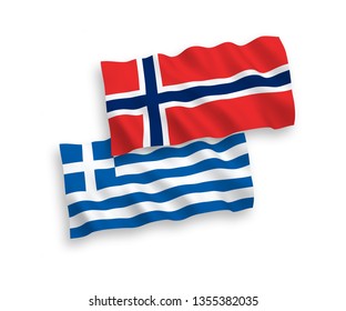 National vector fabric wave flags of Norway and Greece isolated on white background. 1 to 2 proportion.