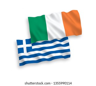 National vector fabric wave flags of Ireland and Greece isolated on white background. 1 to 2 proportion.