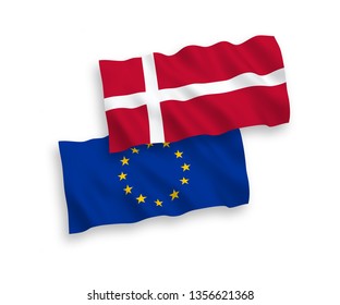 National vector fabric wave flags of European Union and Denmark isolated on white background. 1 to 2 proportion.