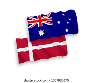 National vector fabric wave flags of Australia and Denmark isolated on white background. 1 to 2 proportion.