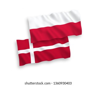 National vector fabric wave flags of Denmark and Poland isolated on white background. 1 to 2 proportion.