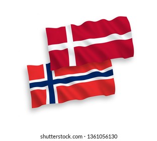 National vector fabric wave flags of Norway and Denmark isolated on white background. 1 to 2 proportion.