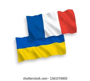 National vector fabric wave flags of France and Ukraine isolated on white background. 1 to 2 proportion.