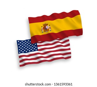 National vector fabric wave flags of Spain and USA isolated on white background. 1 to 2 proportion.