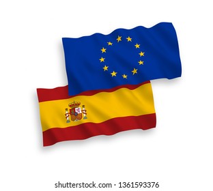 National vector fabric wave flags of European Union and Spain isolated on white background. 1 to 2 proportion.
