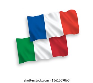 National vector fabric wave flags of France and Italy isolated on white background. 1 to 2 proportion.