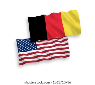 National vector fabric wave flags of Belgium and USA isolated on white background. 1 to 2 proportion.