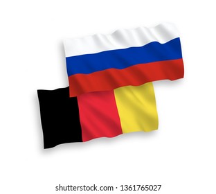 National vector fabric wave flags of Russia and Belgium isolated on white background. 1 to 2 proportion.