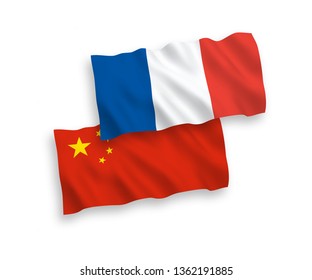 National vector fabric wave flags of France and China isolated on white background. 1 to 2 proportion.