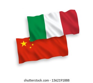National vector fabric wave flags of Italy and China isolated on white background. 1 to 2 proportion.