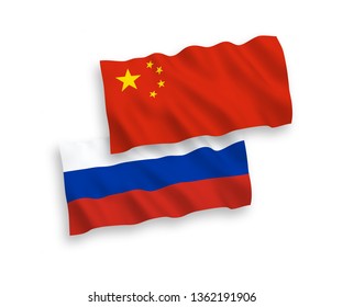 National vector fabric wave flags of Russia and China isolated on white background. 1 to 2 proportion.