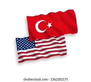 National vector fabric wave flags of Turkey and USA isolated on white background. 1 to 2 proportion.