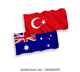 National vector fabric wave flags of Turkey and Australia isolated on white background. 1 to 2 proportion.
