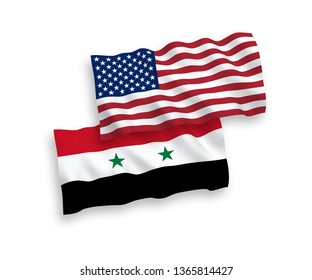 National vector fabric wave flags of Syria and America isolated on white background. 1 to 2 proportion.