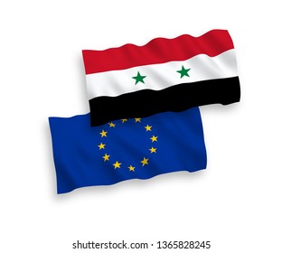 National vector fabric wave flags of Syria and European Union isolated on white background. 1 to 2 proportion.