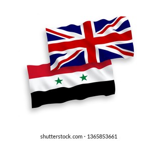 National vector fabric wave flags of Syria and Great Britain isolated on white background. 1 to 2 proportion.