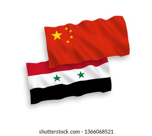 National vector fabric wave flags of Syria and China isolated on white background 1 to 2 proportion.
