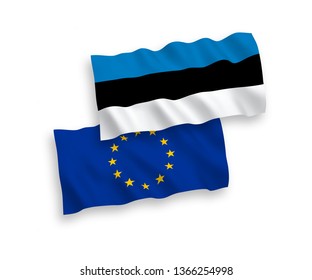 National vector fabric wave flags of Estonia and European Union isolated on white background. 1 to 2 proportion.