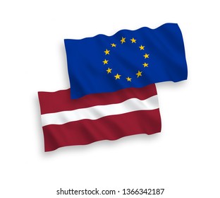 National vector fabric wave flags of Latvia and European Union isolated on white background. 1 to 2 proportion.